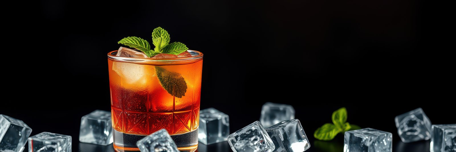 Refreshing cocktail served over ice with mint leaves on a dark background